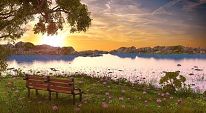 landscape bench sunset 3D