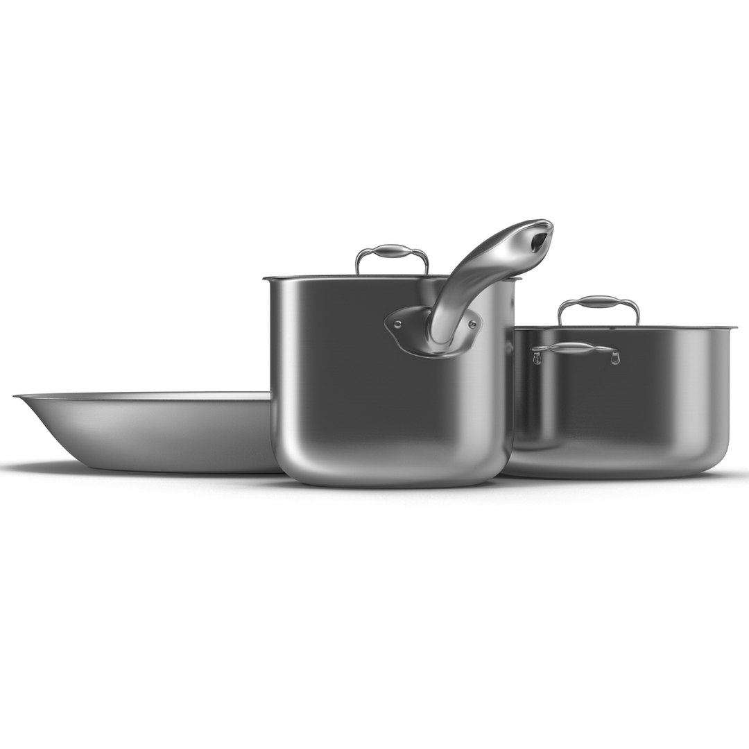 3d model stainless kitchen pot set
