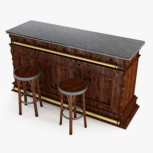 Bar and Stools Set - Colonial Style 3D model