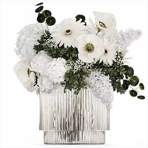 3D White bouquet of flowers  hydrangea lilac poppy 484 model
