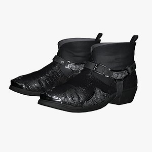 3D Luxury Biker Cowboy Boots - Black Croc Leather Ankle Boots with Metal Buckles PBR model