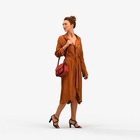 00561Maghan005 - Adult Caucasian woman walking through public space carrying bag transitional attire