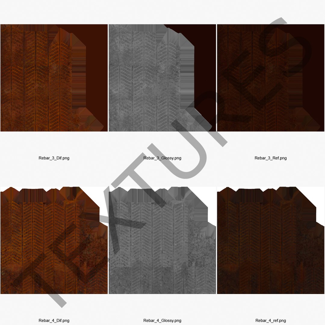 3d steel rusty rebars set