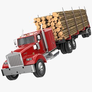 3D model Truck with Logging Trailer - Red