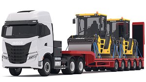 3D Iveco S-WAY Tractor and Lowboy Trailer with Volvo DD105 Road Roller Compactor model