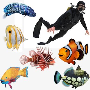 Scuba Diver and Fish Rigged Collection for Cinema 4D