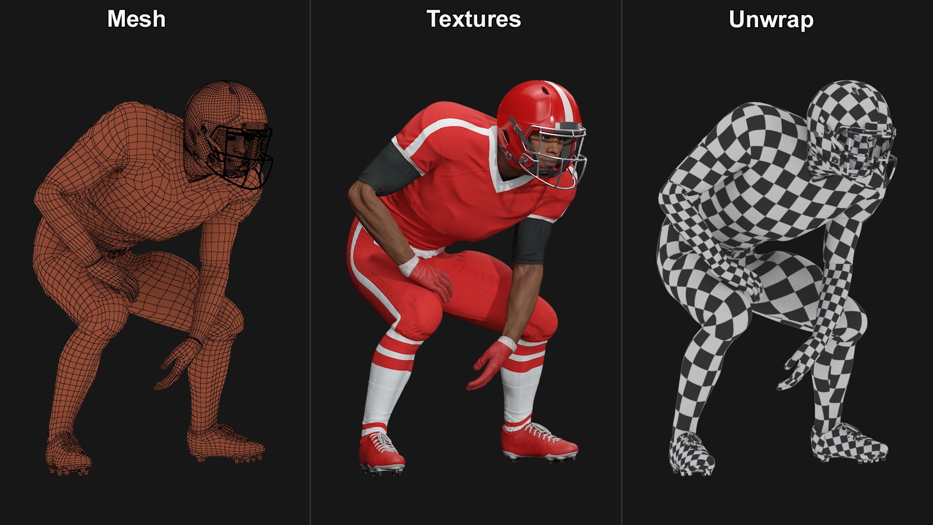 3D Black Man American Football Player Crouching Red Uniform https://p.turbosquid.com/ts-thumb/fL/gEz2sO/W5/blackmanamericanfootballplayercrouchingreduniform3dsmodel005/jpg/1688340797/1920x1080/fit_q87/9460702a6f505a57556ffca38d6632864004e2c9/blackmanamericanfootballplayercrouchingreduniform3dsmodel005.jpg