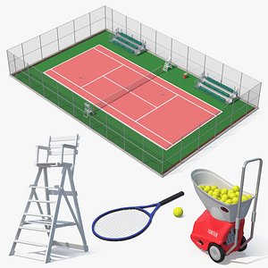 Tennis Court with Umpire Chairs and and Benches