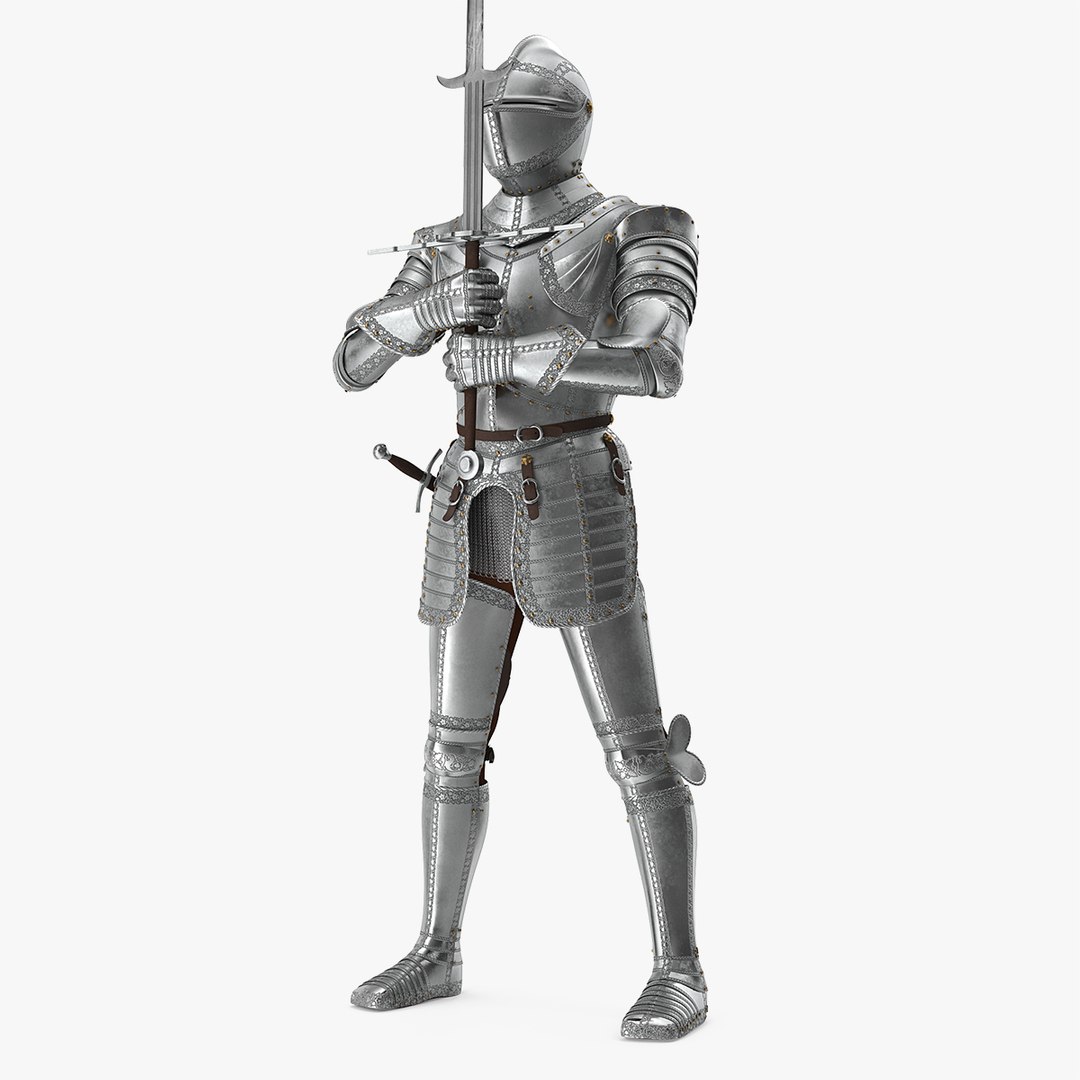 Polished Medieval Knight Plate Armor Holding Zweihander 3D model preview