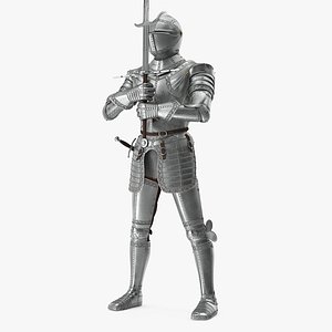 Polished Medieval Knight Plate Armor Holding Zweihander
