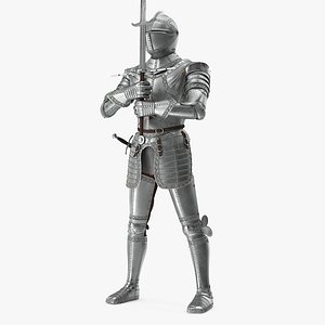 Polished Medieval Knight Plate Armor Holding Zweihander