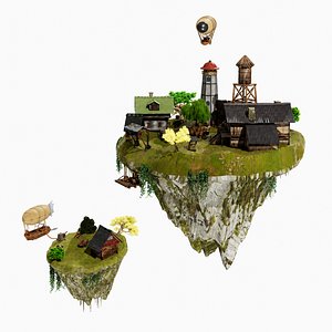 Floating Village Archipelago - Fantasy Environment with Airships 3D model
