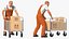 Worker with Platform Trolley Two Railing Cardboard Boxes Rigged Fur for Cinema 4D 3D
