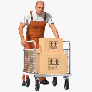 Worker with Platform Trolley Two Railing Cardboard Boxes Rigged Fur for Cinema 4D