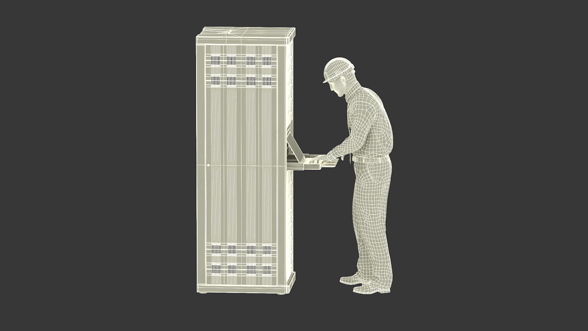Server Rack With System Administrator Working On Laptop 3D Model ...