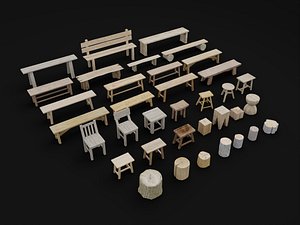 Rustic Wooden Bench   Stool Set 3D model