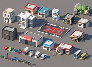 Isometric Low Poly City Cartoon Buildings Cars and Forest Pack