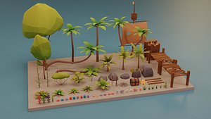 LowPoly Tropical Nature - Palm trees grass plants and rocks