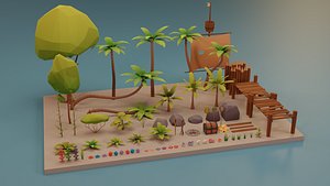 LowPoly Tropical Nature - Palm trees grass plants and rocks