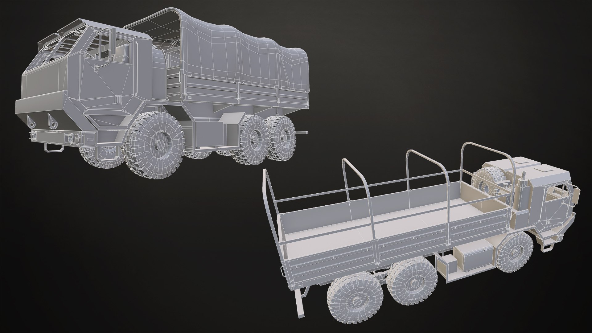 3D Military Truck V1 - Pack 1 model https://p.turbosquid.com/ts-thumb/fT/JjXmWC/Ix/militarytruckpack1_wireframe01/jpg/1753956762/1920x1080/fit_q87/74ddb383f780dbfd707eb6547bd1917230b66d47/militarytruckpack1_wireframe01.jpg
