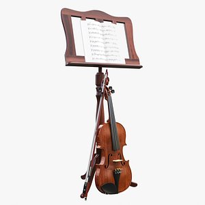 Violin with bow and wooden music note stand 3D model