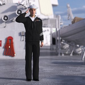 US Navy Sailor in Black Uniform Saluted model