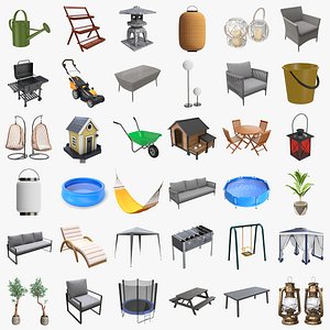 Front yard outdoor garden furniture and items 3D model