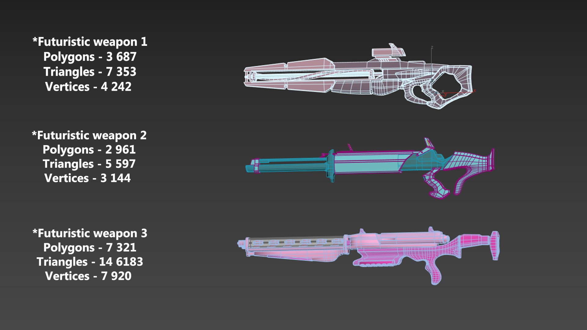 3D weapons 1 set https://p.turbosquid.com/ts-thumb/fW/yLsooh/jZsL1pDI/futuristicweaponspack1_2/jpg/1564416351/1920x1080/fit_q87/1eee43ee234c7b3f3bb6580931d518b3f4340c46/futuristicweaponspack1_2.jpg