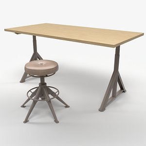 Modern Industrial Wooden Desk with Adjustable Workshop Stool 3D model