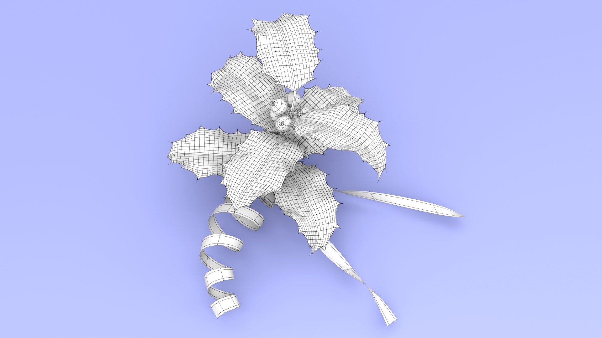 3D christmas holly model https://p.turbosquid.com/ts-thumb/fX/S813tt/S2NRyrpO/wireframeimageholly01/png/1567668819/1920x1080/fit_q87/b3097d2e0f80f26abf821e56fec153849c314553/wireframeimageholly01.jpg