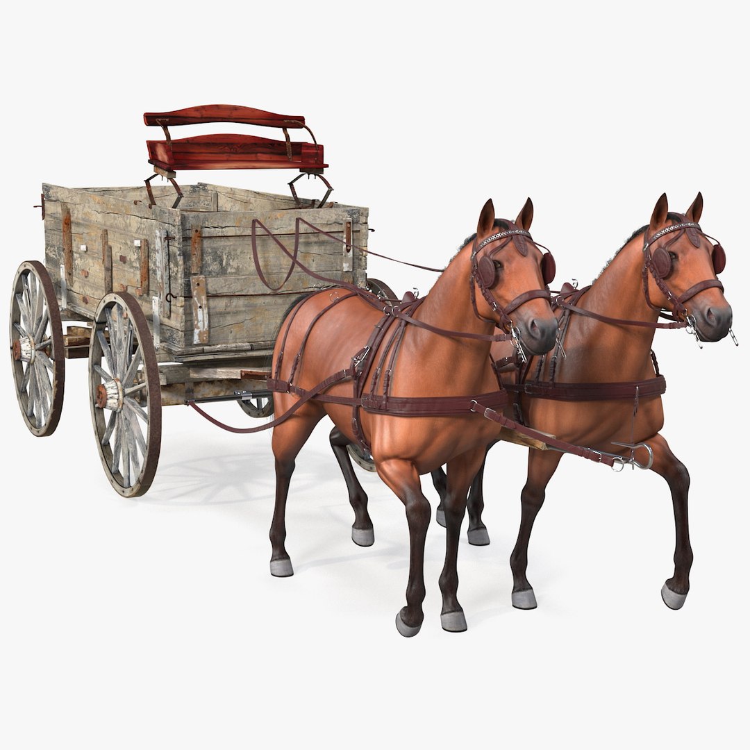 Pair Of Horses Pulling Wagon Fur 3D model preview