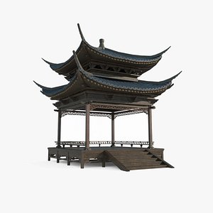 Square pavilion in ancient Asian architecture 3D
