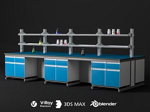 Steel Wood Lab Work Table With Lab Glassware Set 3D Model 3D model