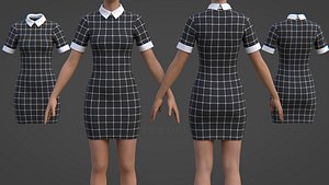 3D model Black Plaid Collared Dress - Fitted Bodycon Sexy Short Dress