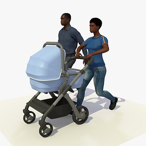 Afro Parents Walking With Baby and Pram 3D model