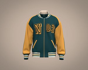 Men Letter Embroidery Striped Trim Varsity Jacket with High Neck 3D model