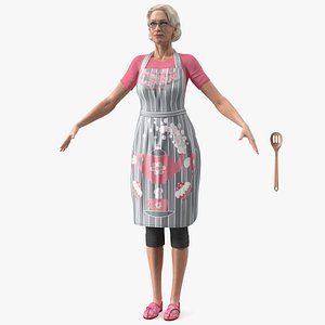 Elderly Woman in Kitchen Apron T Pose