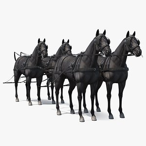 Four Black Horses in Breast Collar Harness 3D model