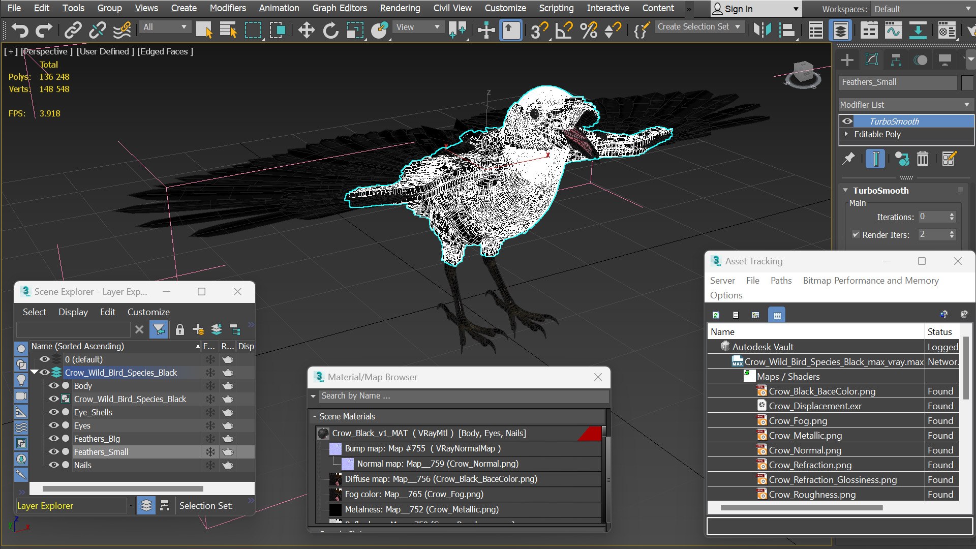 Crow Wild Bird Species Black 3D model https://p.turbosquid.com/ts-thumb/fe/Zq8cT7/Ai/crow_wild_bird_species_black_017/jpg/1765401721/1920x1080/fit_q87/c0113e2808179c73dc61d63d9e4a6ff18020d0dc/crow_wild_bird_species_black_017.jpg