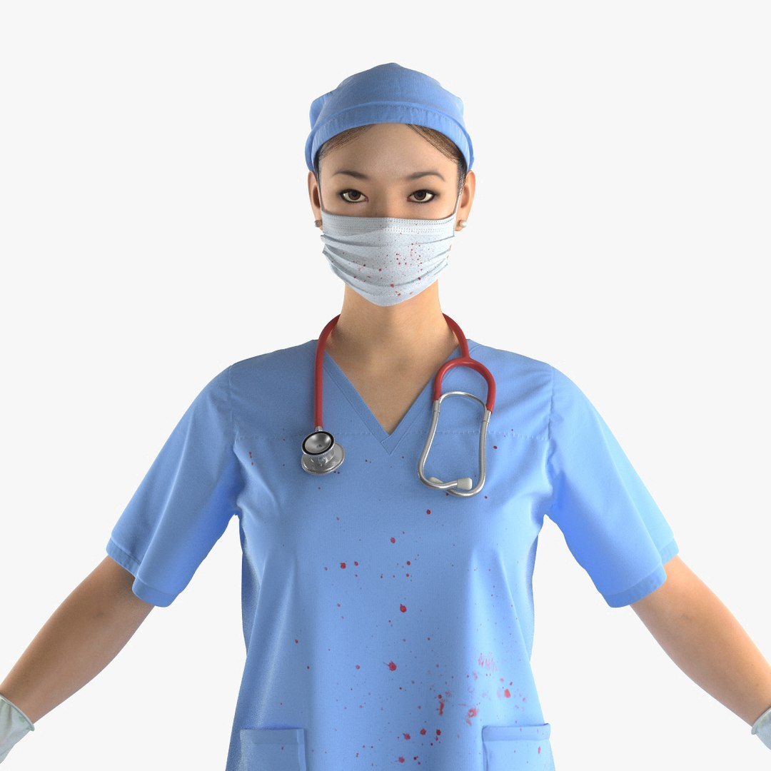 Asian Female Surgeon Stained with Blood 3D model preview