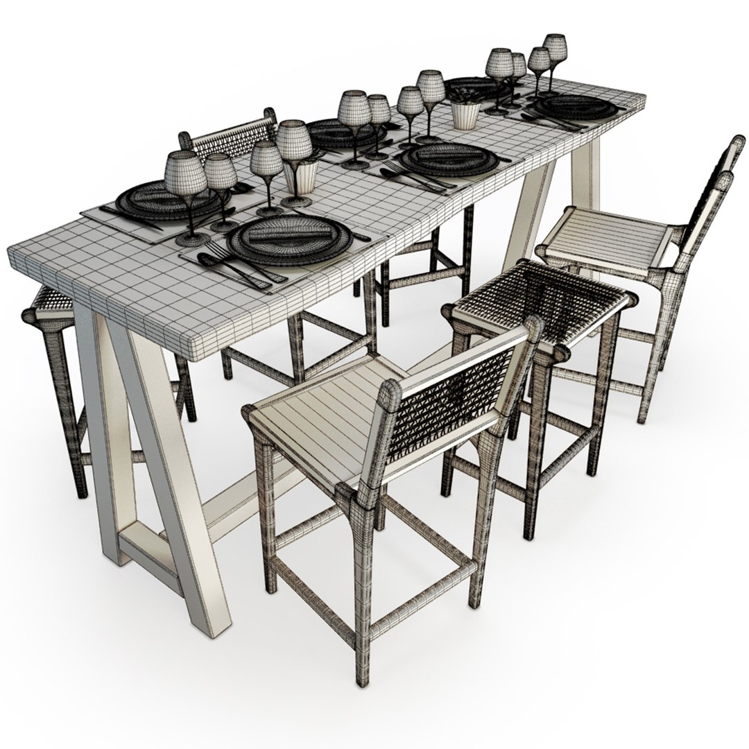 Wood And Rope Table And Stools Set AtelierS 3D - TurboSquid 1787954