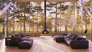 Realistic interior with forest view 3D