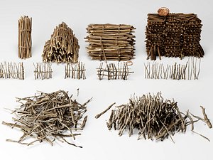 3D Rustic Bundled Twigs and Wattle Fence Collection model