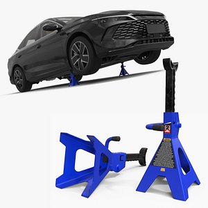 3D model Black Executive Sedan Vehicle on Jack Stands Blue