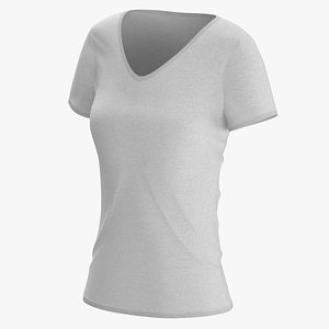 T Shirt Worn Female V Neck Pose 01 White Blank and Branded Heather model