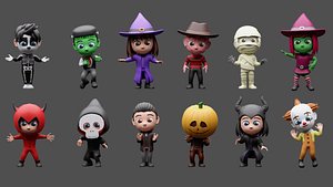 Cartoon  kids 3 02 in halloween costumes 3D