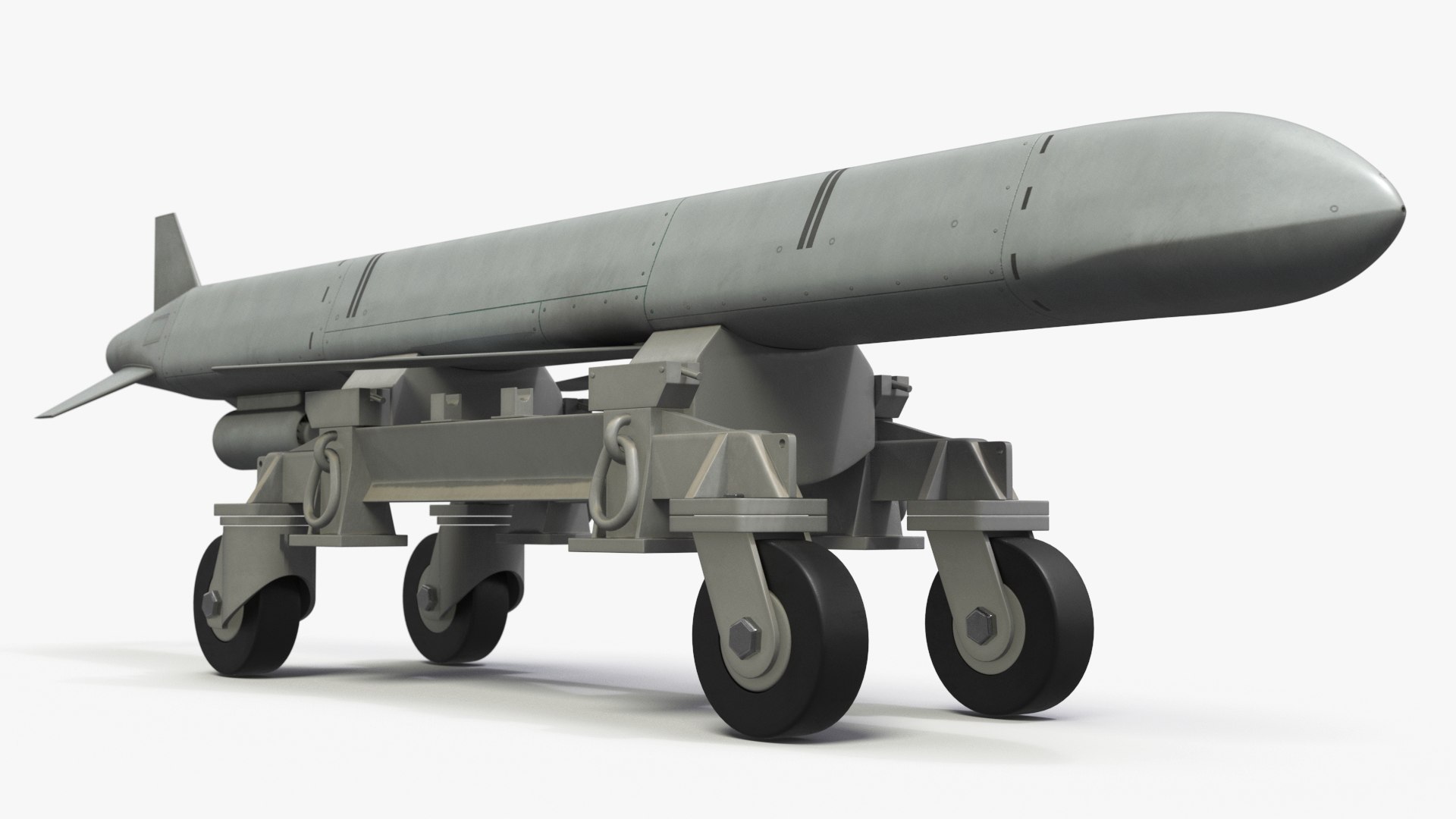 Cruise Missile with Transport Cart Gray 3D model for vehicle visualization, games, animation, transport scenes, and automotive rendering