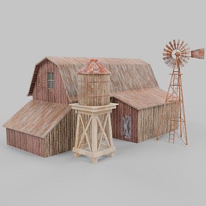 Farm Barn Water Tower Windmill Realistic Low poly Collection