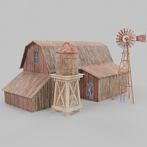 Farm Barn Water Tower Windmill Realistic Low poly Collection