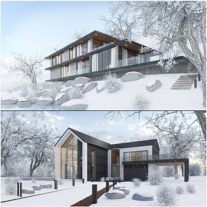 3D Winter House Exterior and Interior Bundle